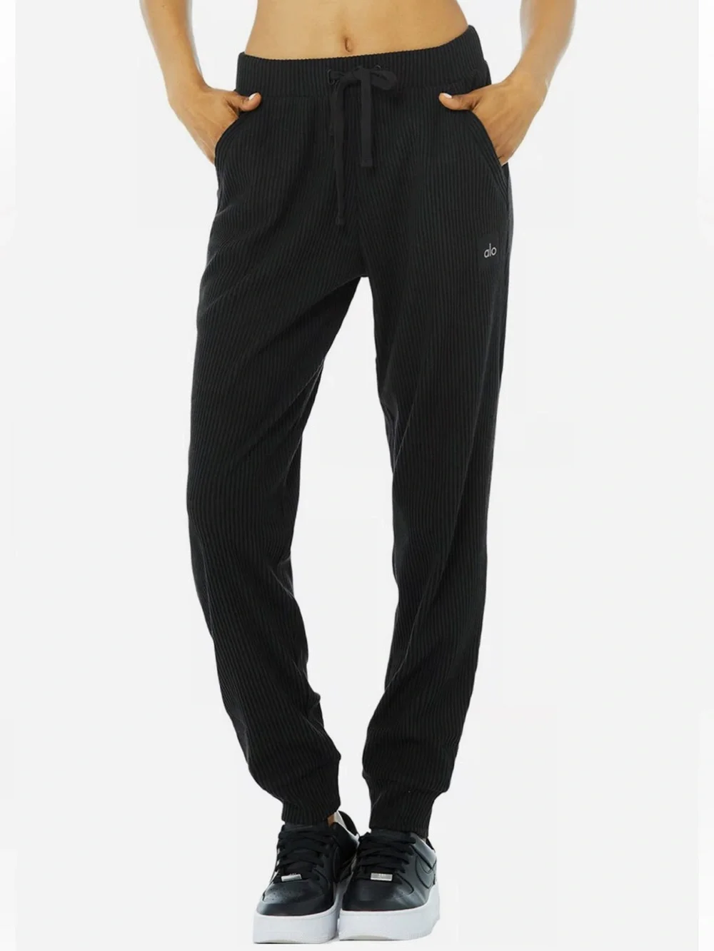 ALO Yoga Black Ribbed Elastic Drawstring Waist Muse Sweatpants Joggers Sz. S